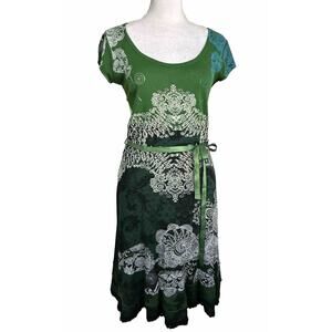 Desigual Paisley Dress Green White Cap Sleeve Lace Hem Stretch Artsy Boho Size M